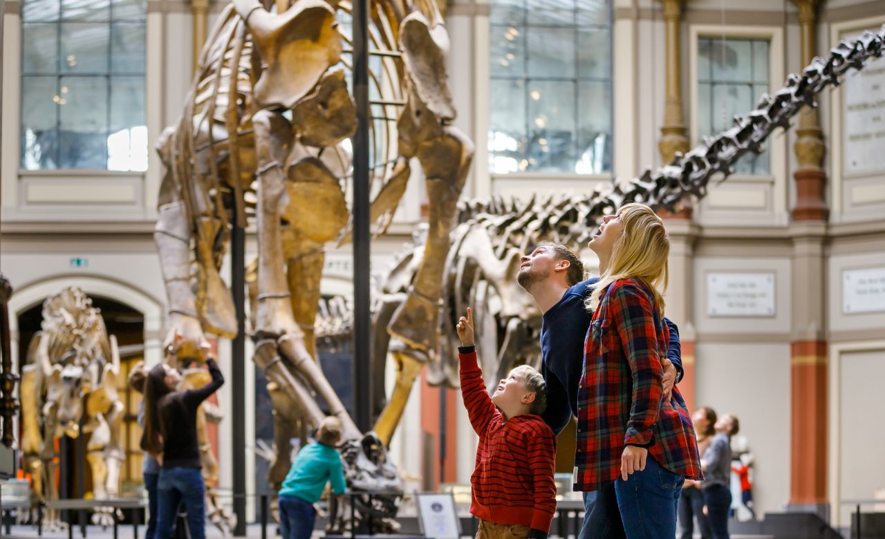 Familie schaut hoch zu einem Dinosaurierskelett aus dem Naturkundemuseum