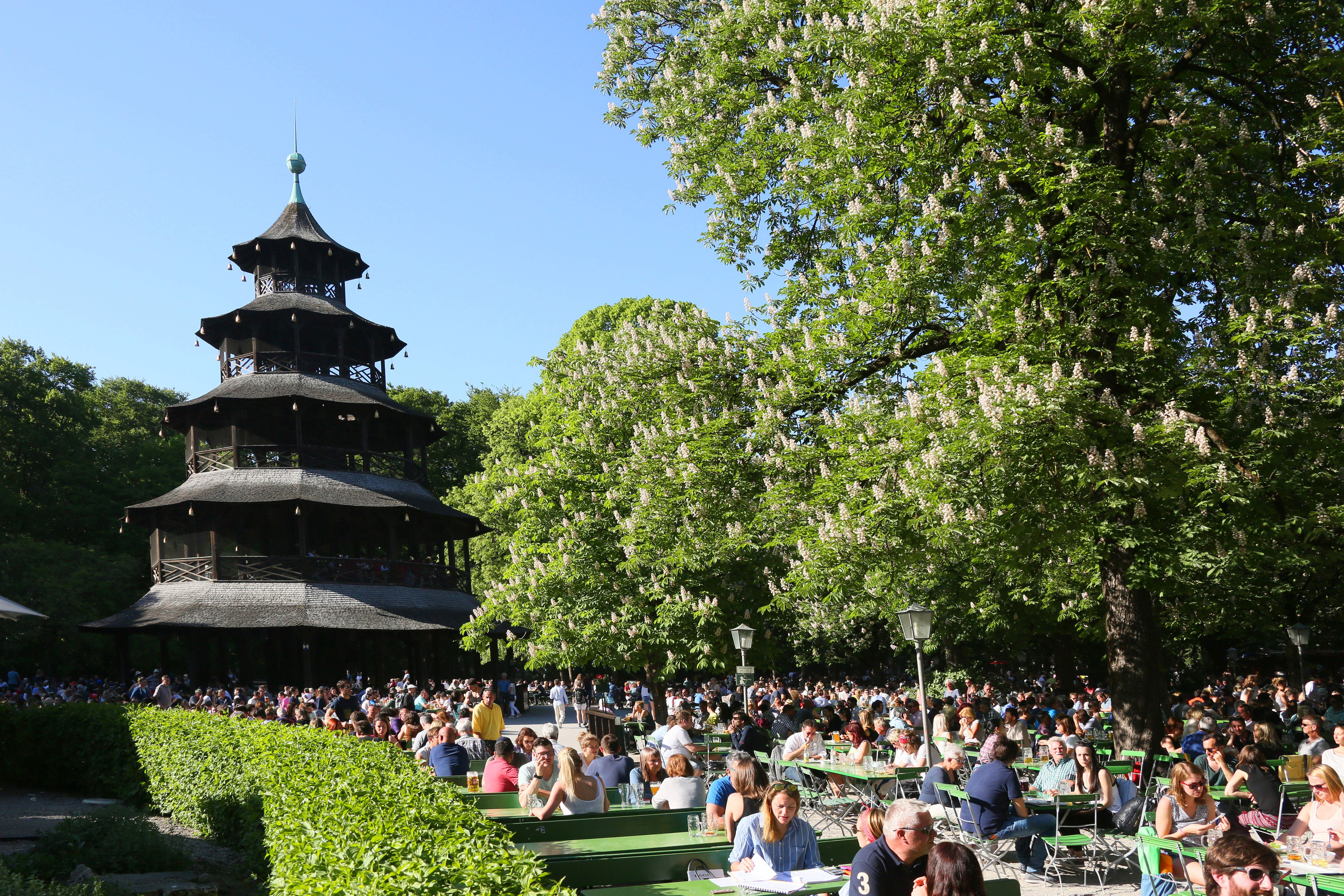 Biergarten am Chinesischen Turm mit Menschen und bei Sonnenschein. 