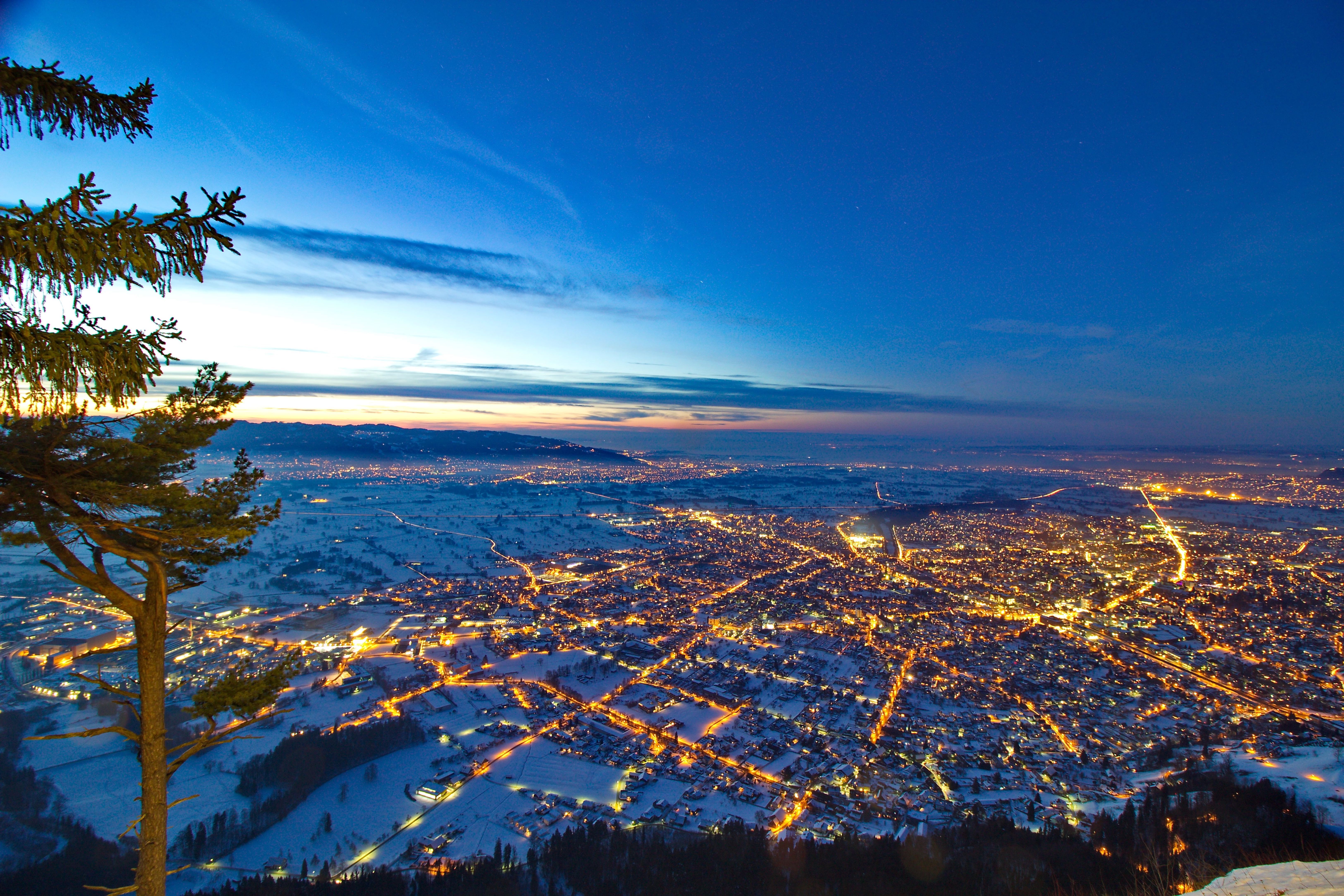 Leuchtendes Straßennetz von Dornbirn im Panoramablick bei Schnee, links im Bild ein Nadelbaum