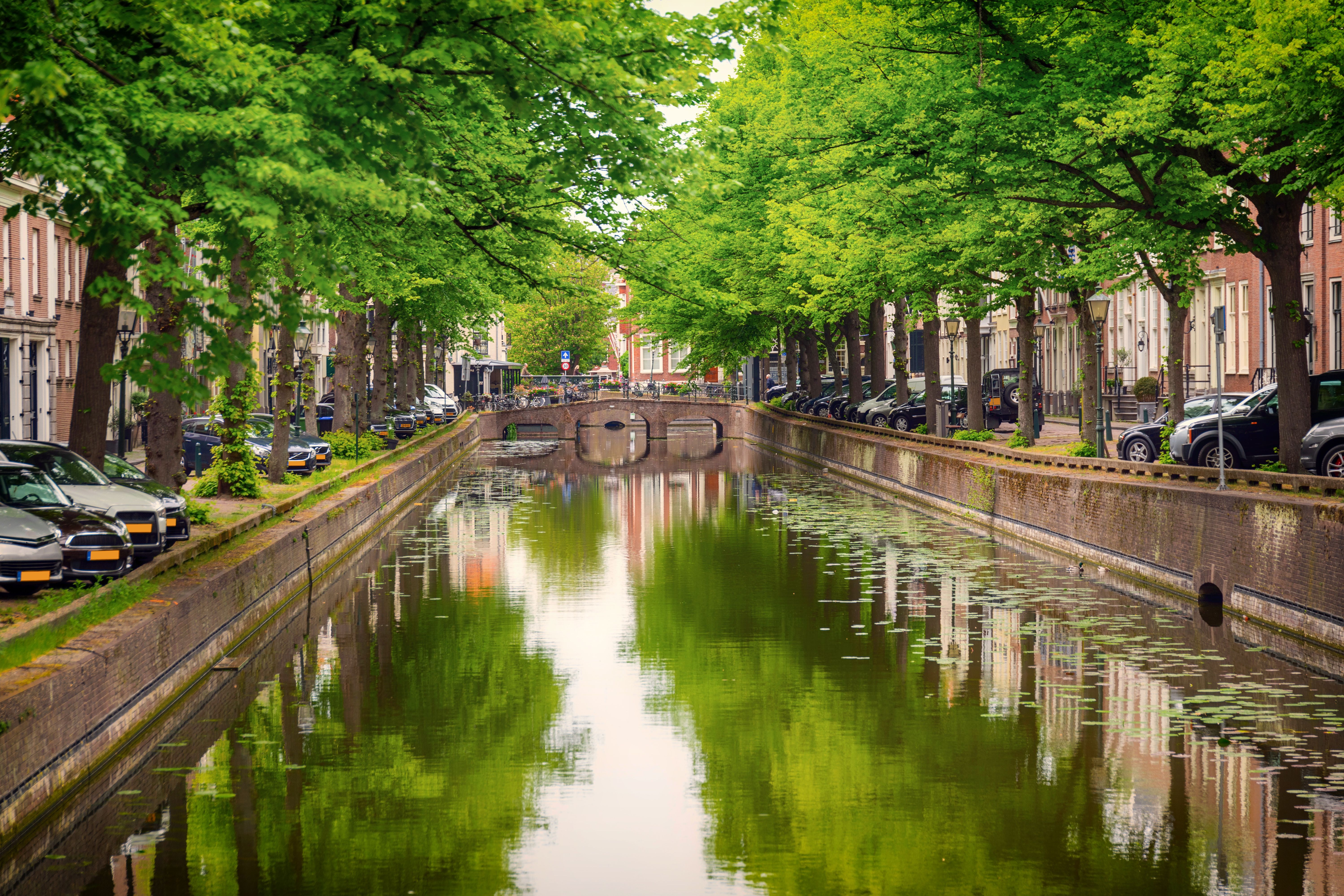 Kanal in Den Haag mit Brücke und Wasserreflexionen, gesäumt von Backsteingebäuden, Bäumen und parkenden Autos 