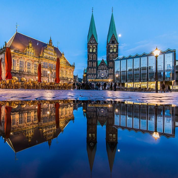 Bremer Dom und Rathaus bei Nacht und Spiegelung in Pfütze