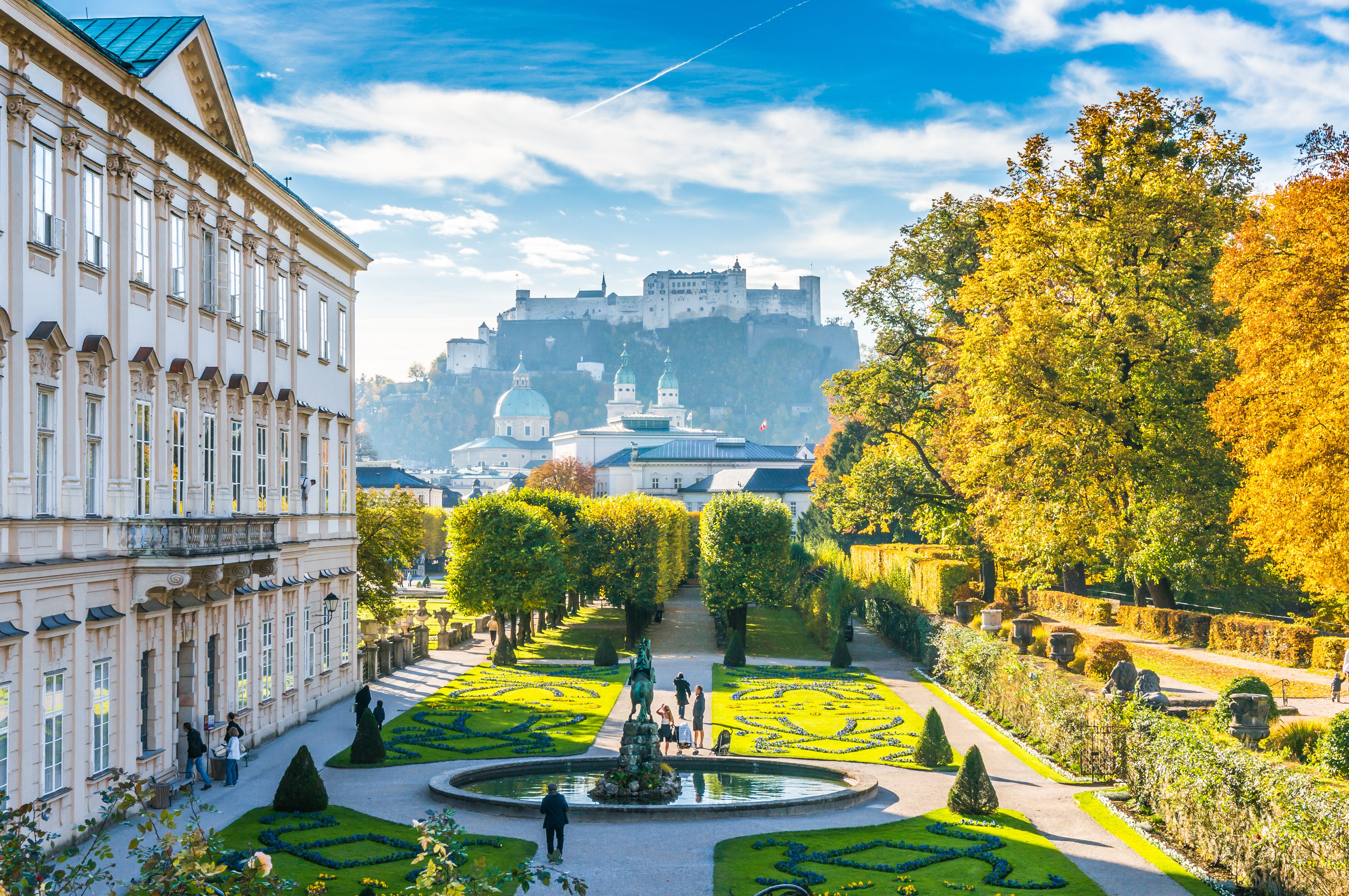 Schlossgarten Mirabell mit Festung Hohensalzburg im Hintergrund