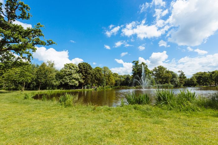 Wiese und See mit Brunnen und Bäume im Hintergrund