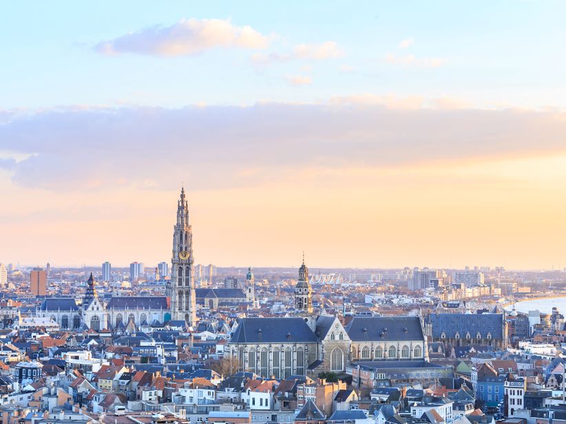 Panoramablick auf Antwerpens Dächer mit Liebfrauenkathedrale bei pastellfarbenem Himmel