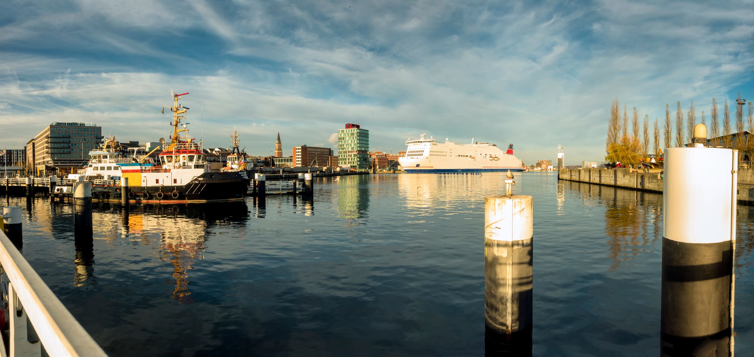 Ausblick vom Steg in Kiel auf mehrere Schiffe im Hafen, darunter ein großes Kreuzfahrtschiff vor der Kulisse der Förde.