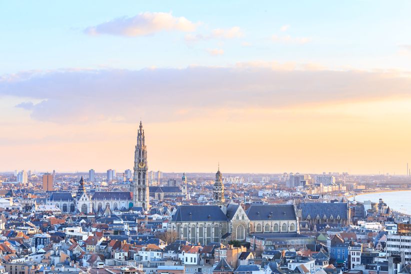 Panoramablick auf Antwerpens Dächer mit Liebfrauenkathedrale bei pastellfarbenem Himmel