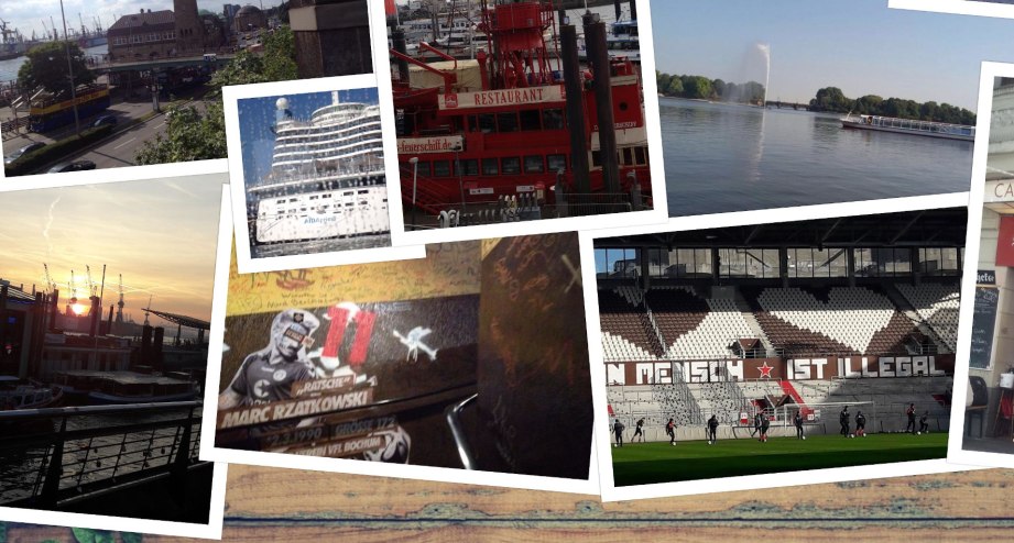 Collage aus Hamburg: Bilder vom Hafen und St. Pauli, Millerntorstadion. - BAHNHIT.DE, © Petra Lillich