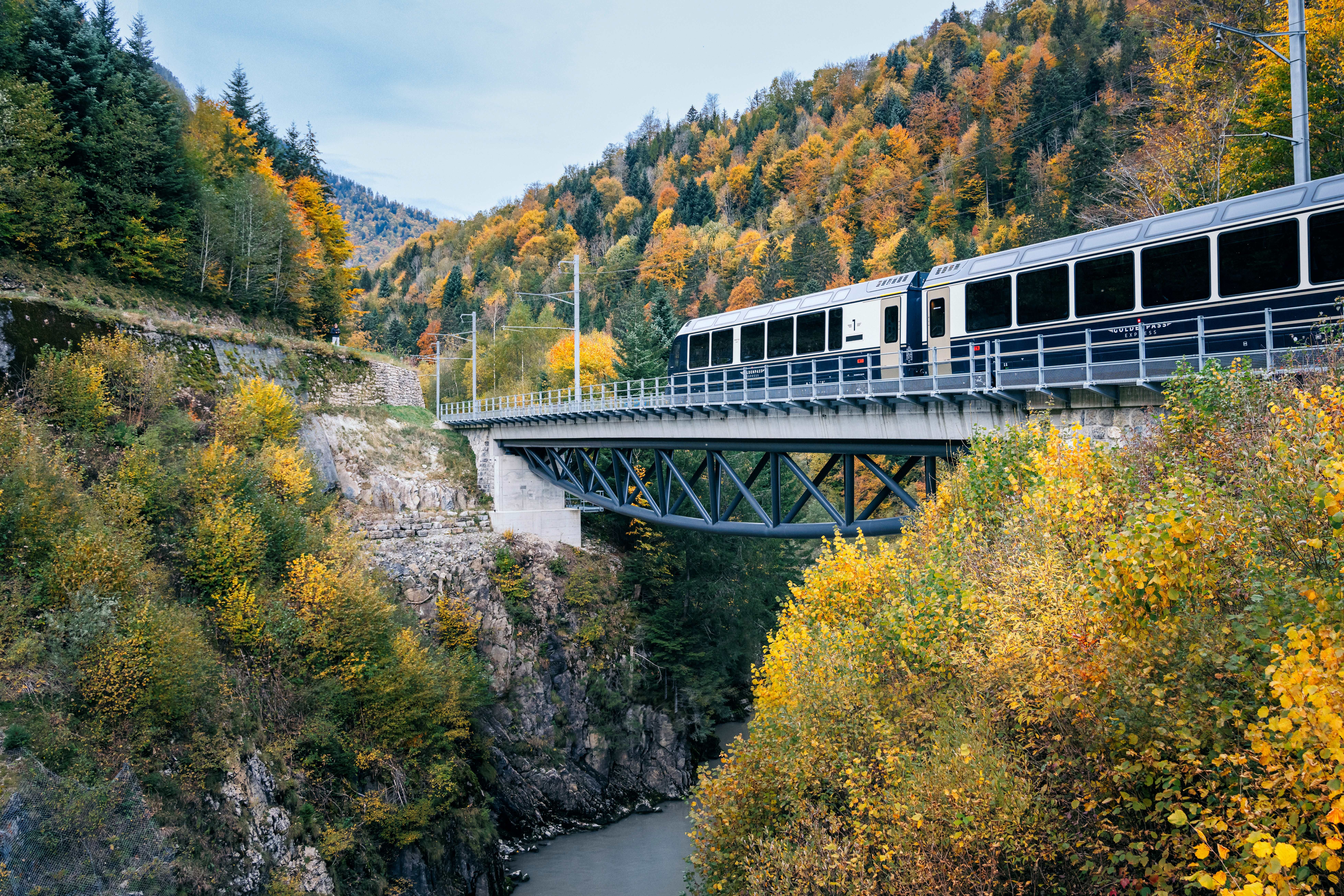 Panoramazug fährt über Fluss im Herbst