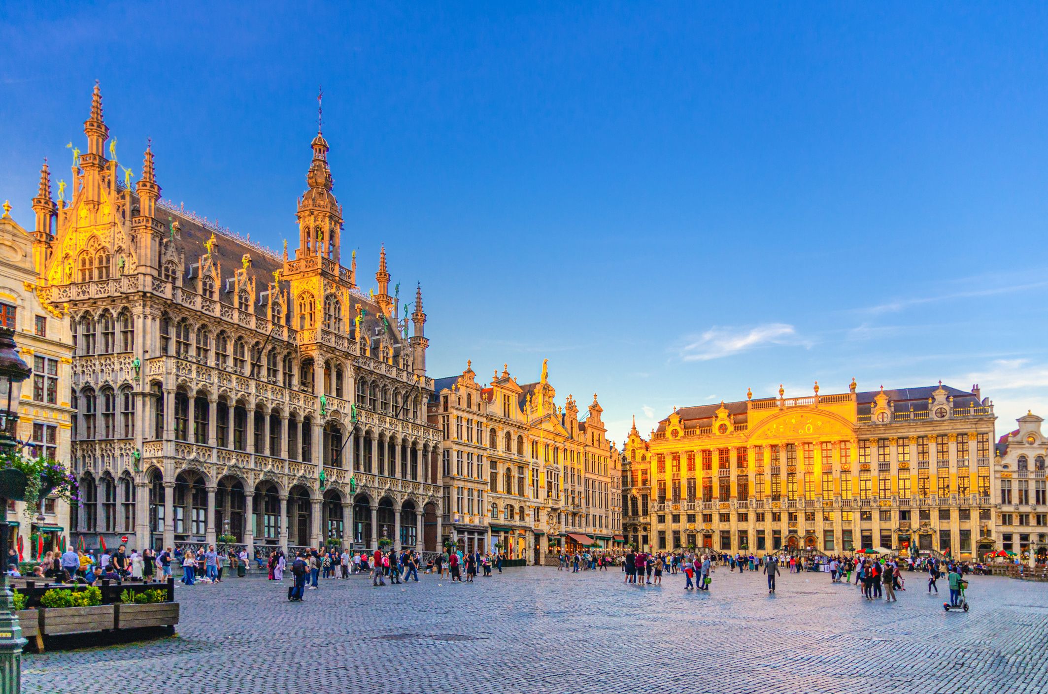 Belebter Grand-Place in Brüssel bei Sonnenuntergang mit Blick auf das Königshaus (Stadtmuseum) und das Haus der Herzöge von Brabant im historischen Zentrum.