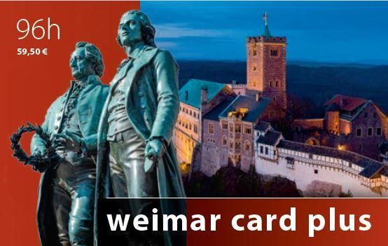 Goethe Schiller Statue und Burg in Weimar. Beschriftung: weimar card plus 96h 59,50€